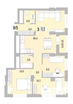 3-к квартира, вторичка, 74м2, 13/24 этаж