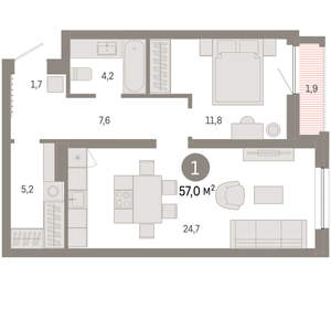 1-к квартира, вторичка, 57м2, 3/16 этаж