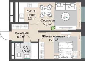 1-к квартира, строящийся дом, 48м2, 22/27 этаж