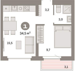 1-к квартира, вторичка, 35м2, 9/9 этаж