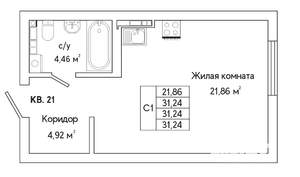 1-к квартира, строящийся дом, 31м2, 3/25 этаж