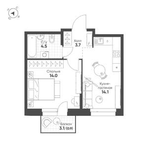 1-к квартира, строящийся дом, 37м2, 7/16 этаж
