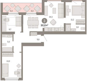 3-к квартира, вторичка, 91м2, 9/9 этаж