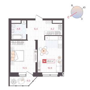 1-к квартира, строящийся дом, 49м2, 9/25 этаж