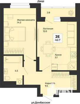 2-к квартира, строящийся дом, 47м2, 8/25 этаж