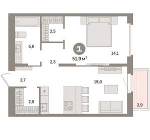 1-к квартира, вторичка, 52м2, 7/16 этаж