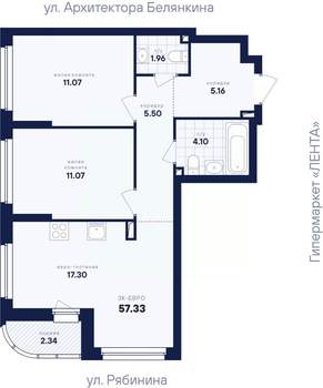 2-к квартира, вторичка, 57м2, 3/26 этаж