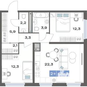 2-к квартира, вторичка, 64м2, 2/17 этаж