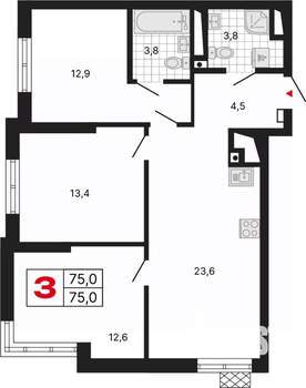 3-к квартира, вторичка, 75м2, 6/29 этаж