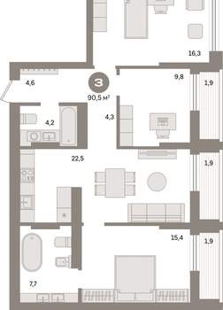 3-к квартира, вторичка, 91м2, 9/9 этаж