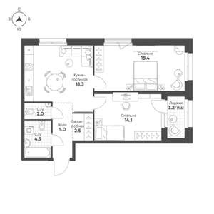 2-к квартира, строящийся дом, 66м2, 7/16 этаж