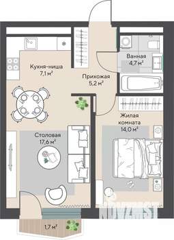 1-к квартира, строящийся дом, 49м2, 24/24 этаж