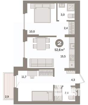 2-к квартира, вторичка, 53м2, 5/9 этаж