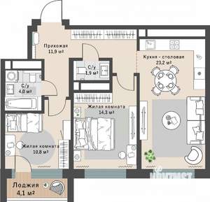2-к квартира, строящийся дом, 68м2, 25/29 этаж