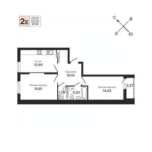 2-к квартира, строящийся дом, 61м2, 19/25 этаж