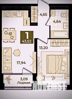 1-к квартира, вторичка, 44м2, 23/23 этаж