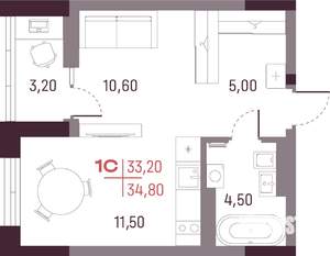 1-к квартира, строящийся дом, 33м2, 6/25 этаж