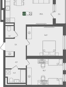 2-к квартира, вторичка, 75м2, 4/4 этаж