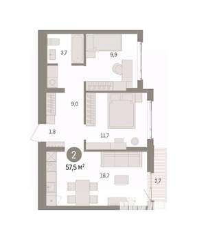 2-к квартира, вторичка, 58м2, 2/7 этаж