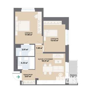 2-к квартира, вторичка, 67м2, 13/25 этаж