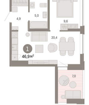 1-к квартира, вторичка, 47м2, 9/16 этаж