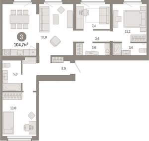 3-к квартира, вторичка, 105м2, 8/9 этаж