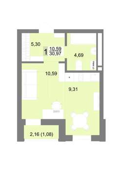 Студия квартира, строящийся дом, 31м2, 4/22 этаж