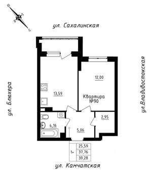 1-к квартира, строящийся дом, 39м2, 8/25 этаж