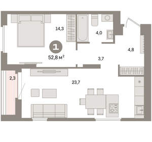 1-к квартира, вторичка, 53м2, 14/16 этаж