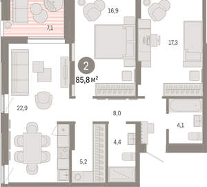 2-к квартира, вторичка, 86м2, 14/16 этаж