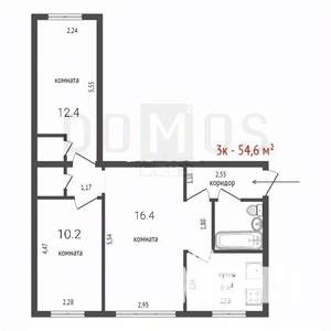 3-к квартира, вторичка, 55м2, 2/4 этаж