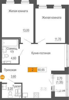2-к квартира, строящийся дом, 61м2, 18/25 этаж