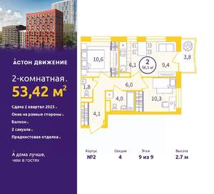 2-к квартира, вторичка, 53м2, 9/9 этаж