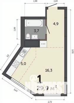 Студия квартира, строящийся дом, 30м2, 16/30 этаж
