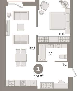 1-к квартира, вторичка, 57м2, 10/17 этаж