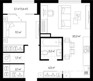 1-к квартира, строящийся дом, 44м2, 10/24 этаж