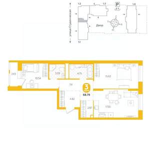 3-к квартира, строящийся дом, 69м2, 13/25 этаж