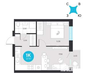 1-к квартира, строящийся дом, 38м2, 8/23 этаж