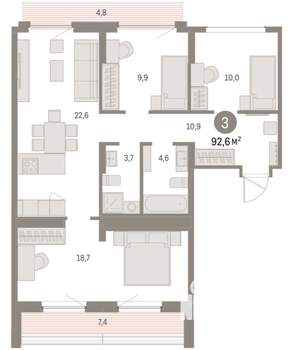 3-к квартира, вторичка, 93м2, 8/8 этаж