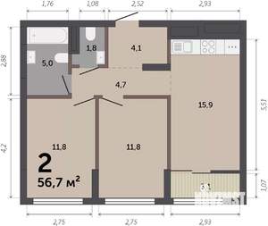 2-к квартира, вторичка, 56м2, 6/12 этаж