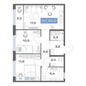 2-к квартира, строящийся дом, 62м2, 12/17 этаж