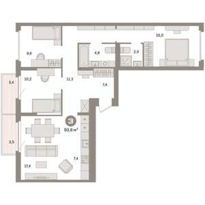 3-к квартира, вторичка, 94м2, 3/9 этаж