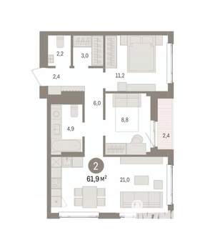2-к квартира, вторичка, 62м2, 4/16 этаж
