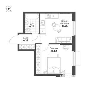 1-к квартира, строящийся дом, 38м2, 6/25 этаж