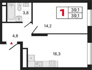 1-к квартира, строящийся дом, 39м2, 5/25 этаж