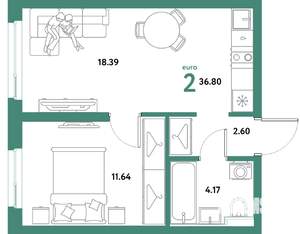 2-к квартира, вторичка, 37м2, 6/21 этаж