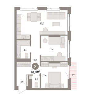 2-к квартира, вторичка, 65м2, 8/25 этаж