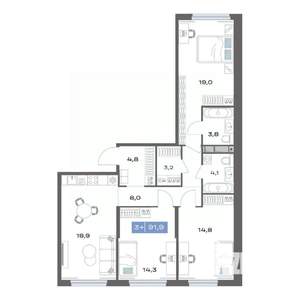 3-к квартира, строящийся дом, 92м2, 4/20 этаж