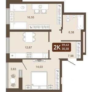 2-к квартира, вторичка, 59м2, 24/24 этаж