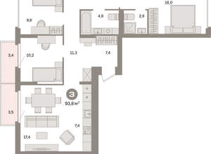 3-к квартира, вторичка, 94м2, 7/16 этаж